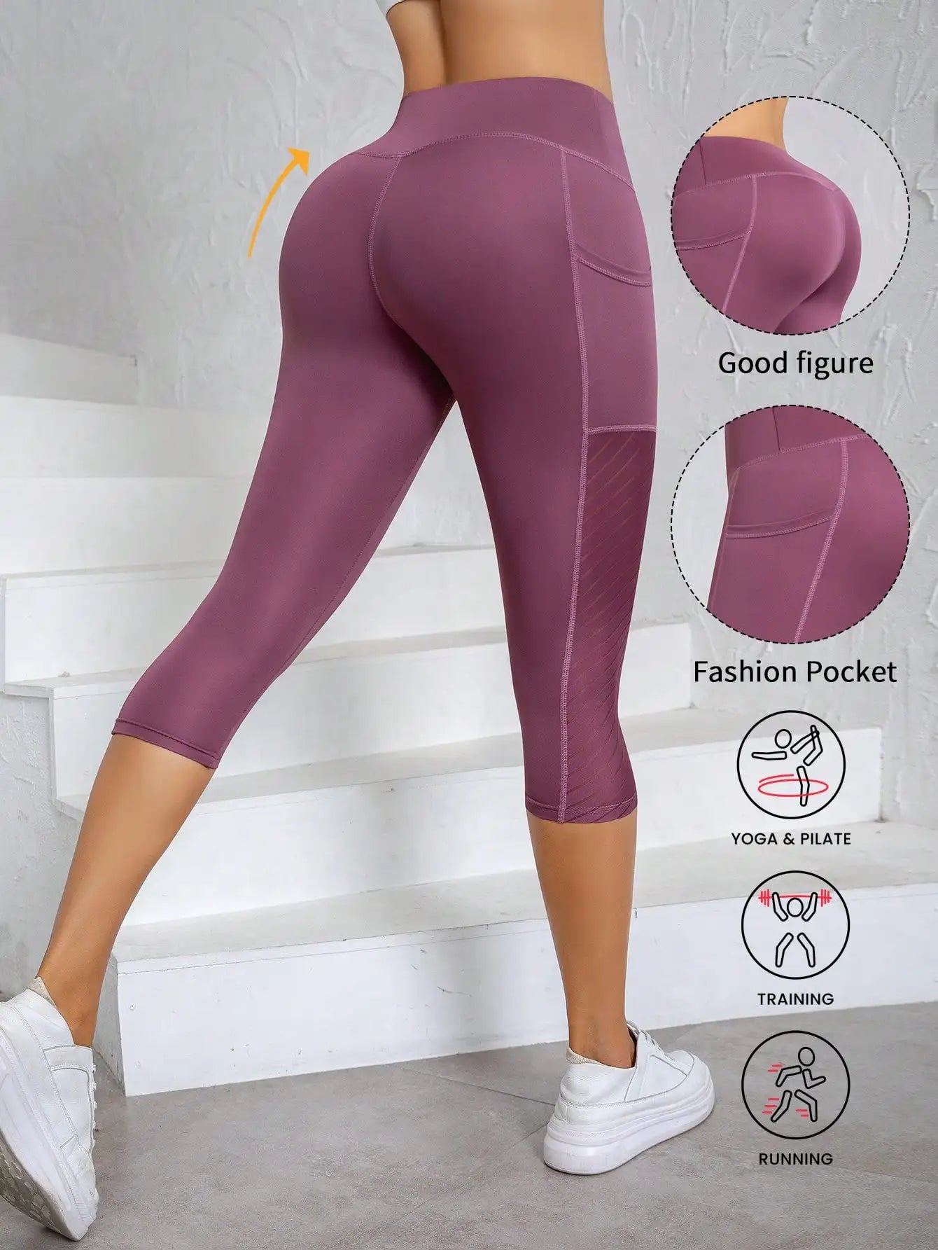 High Waist Capri Leggings With Side Pockets Breathable Stretch Sports Pants For Women