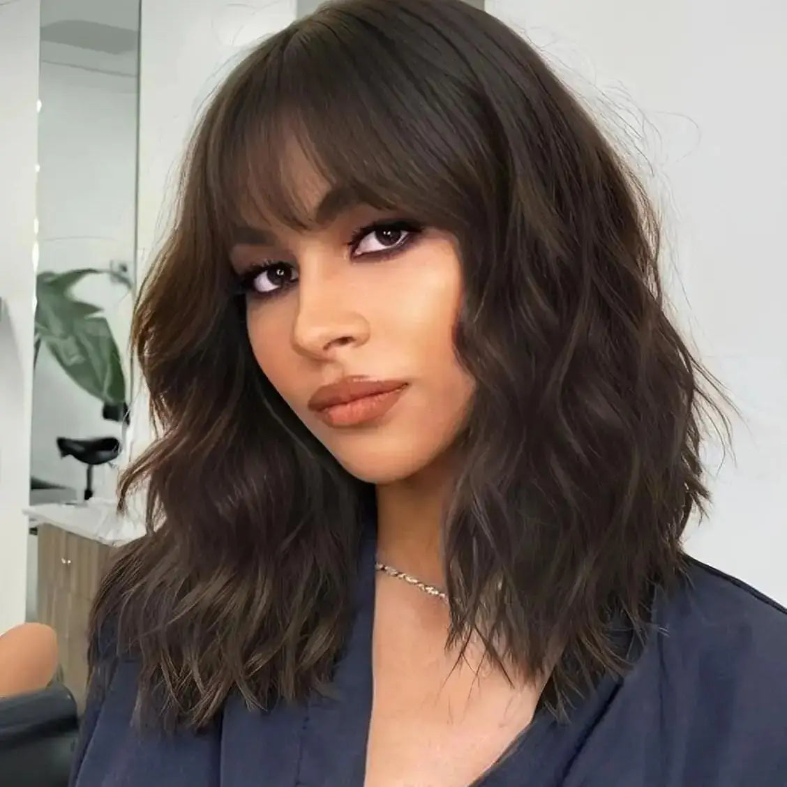 HAIR Natural Brown Synthetic Curly Wavy Bob Wig with Bangs for Women#Color:HY-751-6,Bulk Buy:1 PC