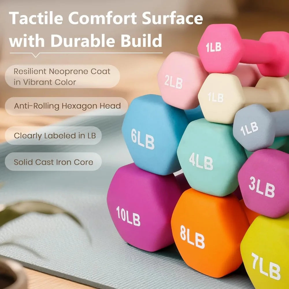 Anti Slip Hexagon Dumbbells Neoprene Coated Free Weight Set of 2 Pairs for Home Gym Strength Training Fitness Equipment Men Women Beginners Workout Anti Roll Design Dumbbell Hand Weights for Strength Resistance Training