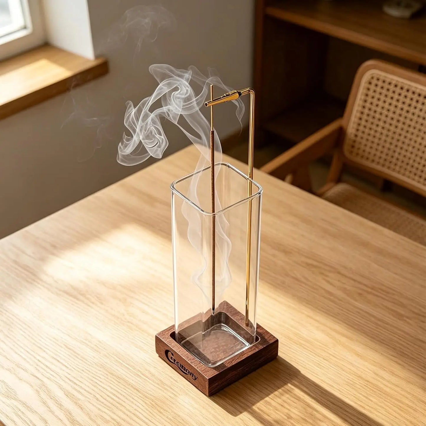 Wooden Incense Holder with Glass Ash Catcher, Anti-Ash Design, Includes 20 Sticks & Brush for Yoga Meditation