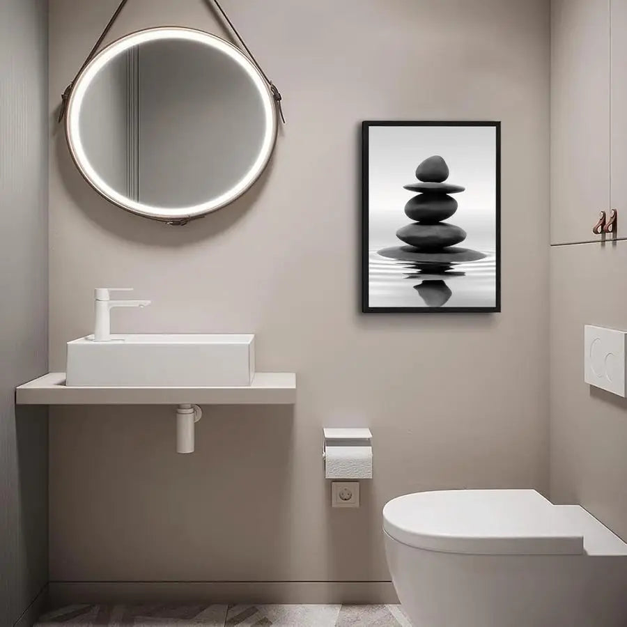 Framed Black and White Bathroom Wall Art Zen Stones in the water Bathroom Wall Art Yoga Meditation Picture Wall Decor Spa Room B
