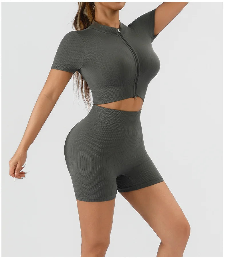 Seamless Ribbed Yoga Set For Women With High Waist Shorts Nylon Elastane