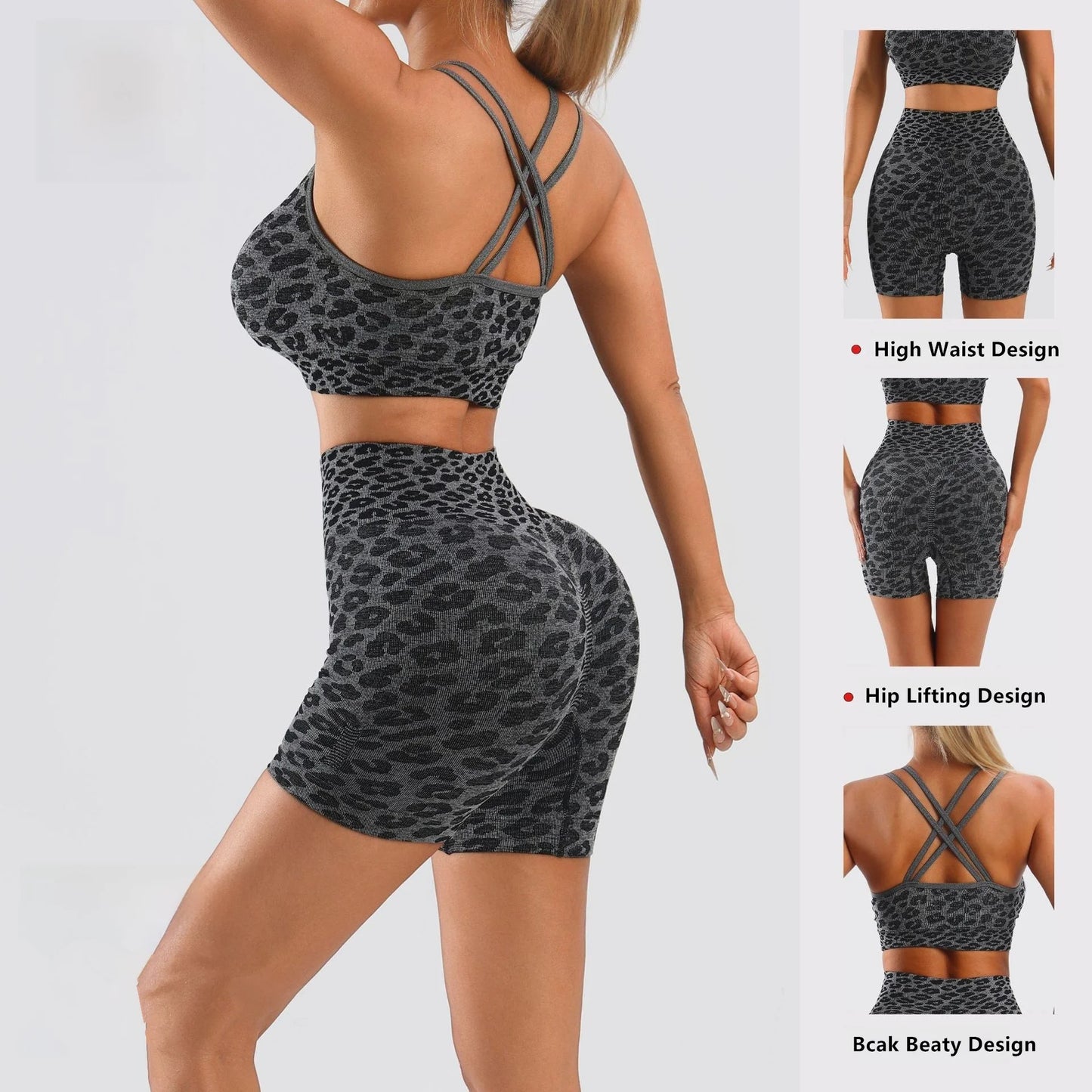 Women's Leopard Print Workout Sets 2 Piece Outfits Crop Tank Tops and Shorts Sports Yoga Gym Tracksuit