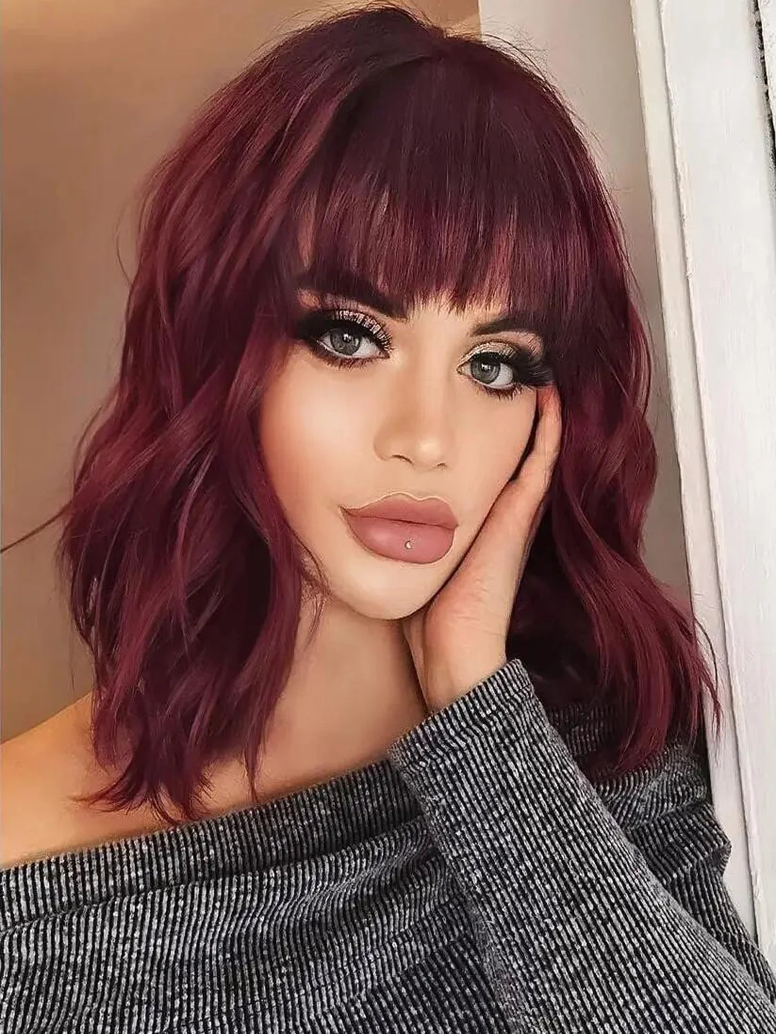 HAIR Natural Brown Synthetic Curly Wavy Bob Wig with Bangs for Women#Color:HY-751-6,Bulk Buy:1 PC