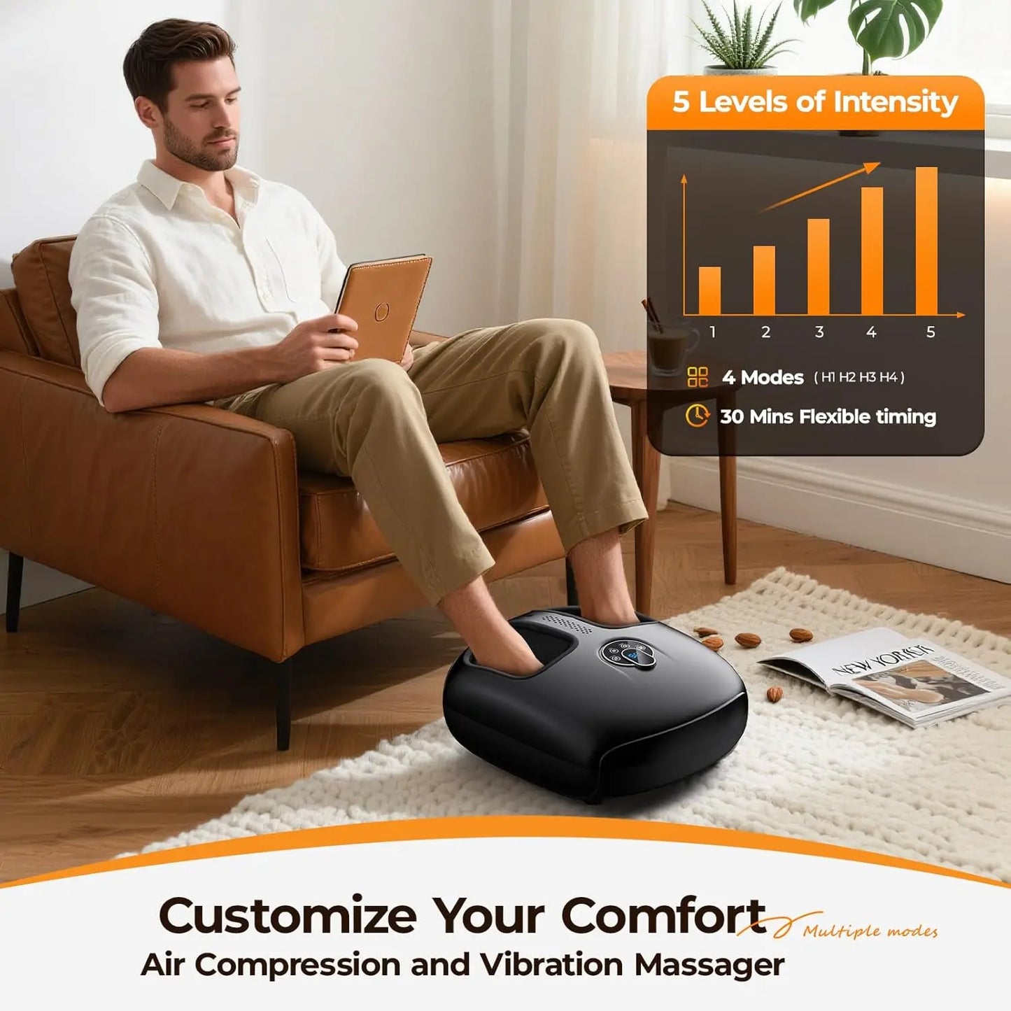 Shiatsu Foot Massager Electric Vibration Massage Machine with Air Compression 4 Modes 5 Levels Muscle Relax Tired Feet Relief