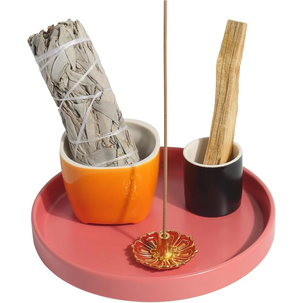 4 in 1 incense holder, 5.5" ceramic palo santo stick holder, sage holder for burning, sage incense burner for meditation yoga ro