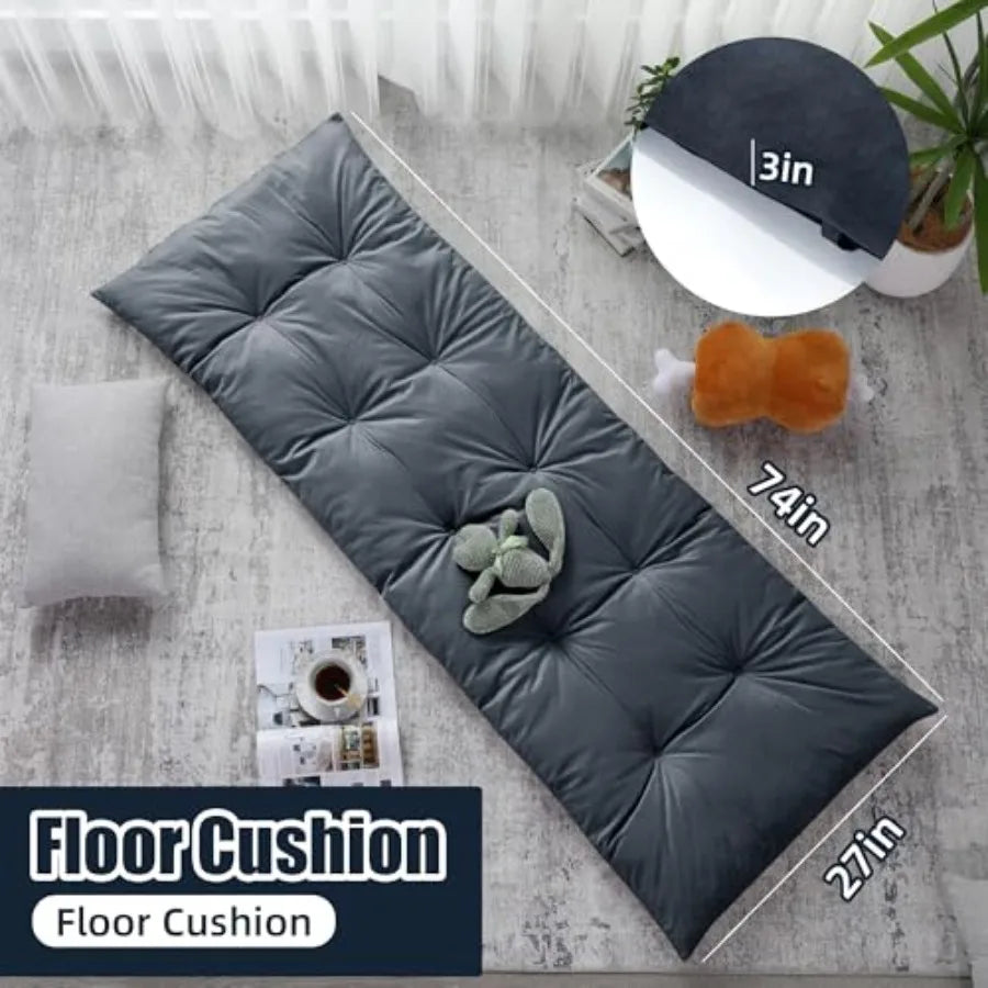 Floor Lounger Pillow Foldable and Tufted Design Long Floor Cushion for Yoga, Reading, Sleeping, Meditation, Elastic Band for Ro